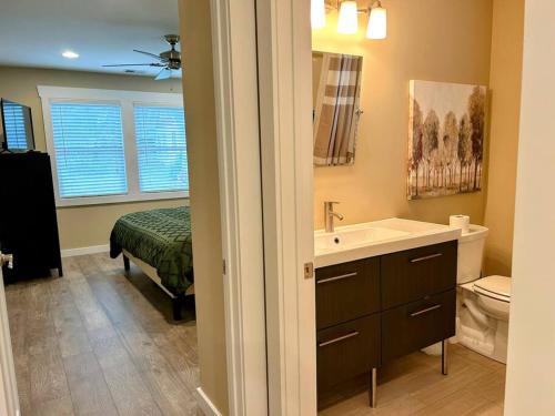a bathroom with a sink and a toilet and a tub at Urban Retreat Downtown Gem Walk Everywhere Train View Mountain View Near National Park Entrance in Bryson City