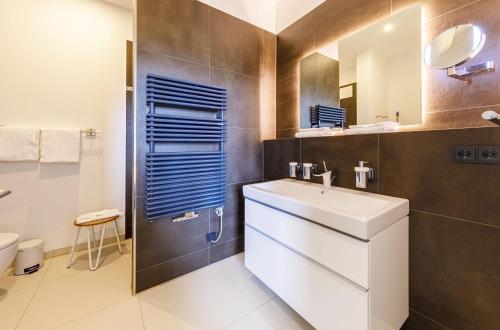 a bathroom with a sink and a mirror at Kleine Welle - Haustierfreundliches Zwei-Zimmer Apartment mit Südbalkon und Platz für drei Personen im ersten Obergeschoss in Wustrow