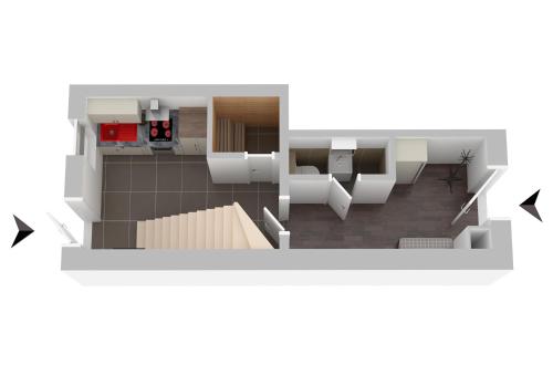 a floor plan of a room with arrows pointing in and out at Ferienhaus Wasserblick in der Inselstadt Malchow in Malchow