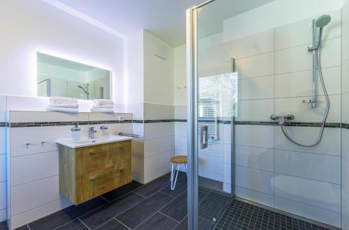 une salle de bain avec douche et lavabo dans l'établissement Apartment Erkenntnis am See mit Sauna und Kamin, à Krakow am See