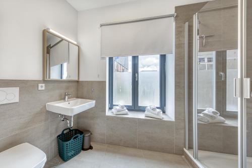 a bathroom with a toilet and a sink and a shower at HafenDomizil Malchow - Wohnen am Wasser in Malchow