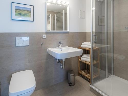 a bathroom with a sink and a toilet and a shower at StadtApartment im Luftkurort Malchow in Malchow