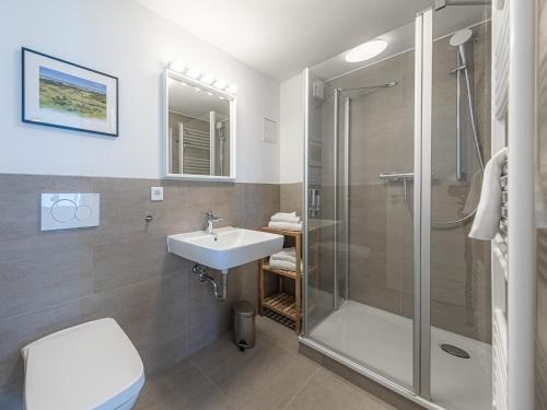 a bathroom with a shower and a sink and a toilet at StadtApartment im Luftkurort Malchow in Malchow