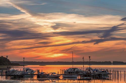 a group of boats docked at a marina at sunset at Ferienhaus Finn im Heidpark Silz in Silz