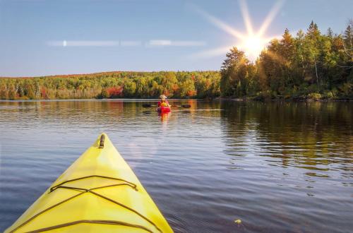 a person in a yellow kayak on a lake at Kietz-Mole mit Müritzblick in Waren