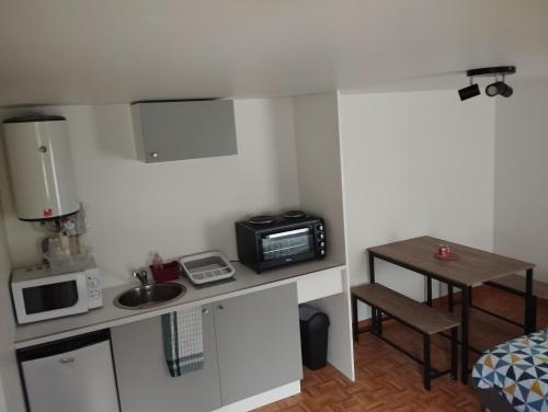 une petite cuisine avec un évier et un micro-ondes dans l'établissement Havre de paix, à Val-Fouzon