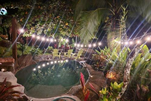a garden at night with a hot tub and lights at Hermosa cabaña con espacios al Aire Libre! in San Francisco