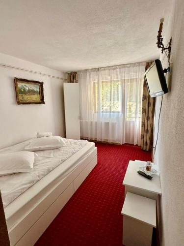 a bedroom with a white bed and a red carpet at Casa Albiony Dâmbovicioara in Dâmbovicioara