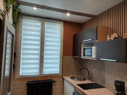 une cuisine avec évier et une fenêtre avec stores dans l'établissement Studette, au Mans