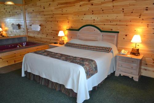 Crooked River Lodge في Alanson: غرفة نوم مع سرير وحوض استحمام