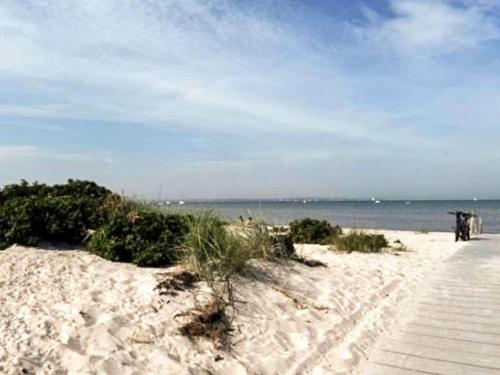 a sandy beach with a boardwalk next to the ocean at Cozy Modern Apartment with Sea Views in Wendtorf