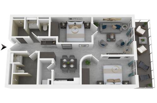 a rendering of a floor plan of a house at Boddenperle - 5-Sterne-Ferienwohnung mit Ostbalkon, 2 Bädern & Strandhaus-Charme in Wustrow