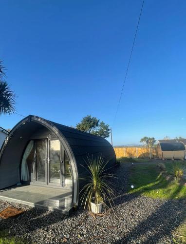 a small black dome house with a potted plant at An Faoileán Glamping Pod in Bunmahon