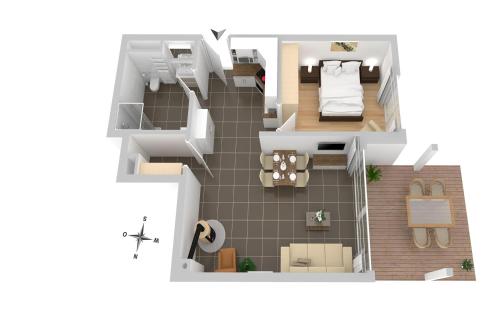 a rendering of a floor plan at MüritzKieker - Apartment in der Hafenresidenz mit Kamin & Wellness in Waren