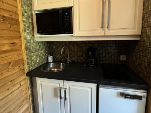 un comptoir de cuisine avec un évier et un micro-ondes dans l'établissement Résidence Pierre De Soleil - Studio pour 2 Personnes 00, à Mâcot La Plagne
