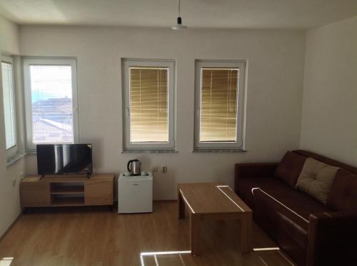 a living room with a couch and a tv at Villa OHRID -"LAKE VIEW" in Ohrid