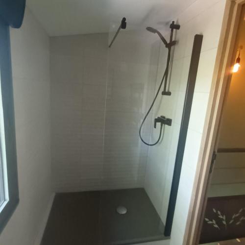 une douche avec pommeau de douche dans une salle de bain dans l'établissement Loft du Bugey, à Loyettes