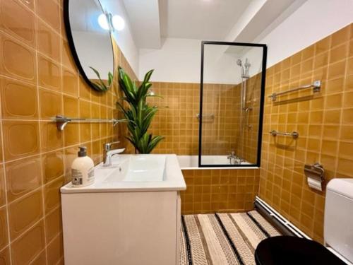 une salle de bain avec un lavabo et un miroir dans l'établissement Le Camaieu Deauville, à Deauville