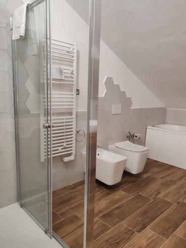 a bathroom with a toilet and a glass shower at B&B Colli Ameni in Candela