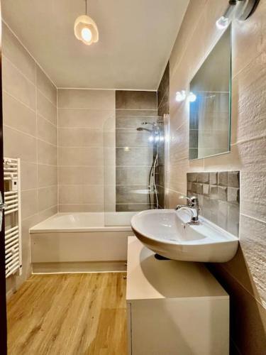 une salle de bain avec un lavabo et une baignoire dans l'établissement Gîte des Randonneurs, jardin & BBQ et borne VE, à Gérardmer