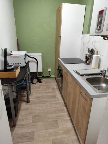 une cuisine avec un évier et un plan de travail dans l'établissement L'escale saumuroise, à Saumur