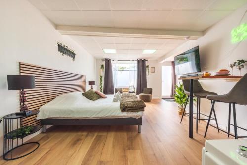 une chambre avec un lit et un bureau dans l'établissement La Petite Jungle Romantique - Balnéo et Détente, à Schweighouse-sur-Moder