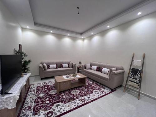 a living room with two couches and a tv at مسكن التل in Al Madinah