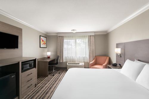 a hotel room with a large bed and a desk at Solara Inn and Suites in Anaheim