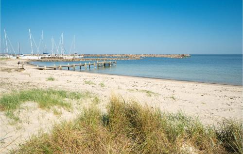 a beach with a pier and boats in the water at 1 Bedroom Beautiful Home In Rønne in Rønne