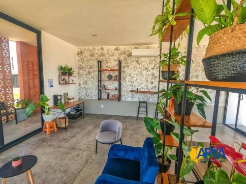a living room with a blue couch and plants at Casa Nueva con Alberca Puerto Vallarta in Puerto Vallarta