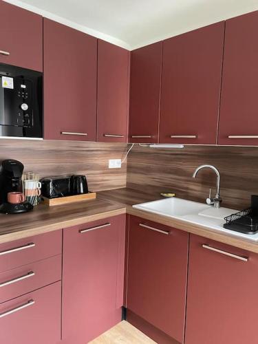 a kitchen with red cabinets and a sink at Duplex le Brooklyn en Plein centre de Mordelles in Mordelles