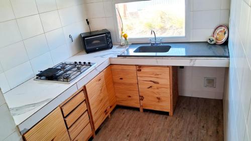 a small kitchen with a sink and a microwave at Guanaco Inn in El Calafate