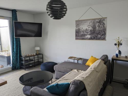 un salon avec un canapé et une télévision à écran plat dans l'établissement Appartement vue Loire, à Nantes