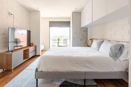 a bedroom with a large bed and a television at Departamentos exclusivos, equipados y amueblados en Torre Barrio Vergel in Monterrey