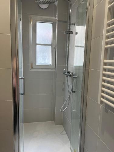 une salle de bain avec une douche avec une porte vitrée dans l'établissement Appartement en duplex - M4 et RER B Arcueil-Cachan, à Bagneux