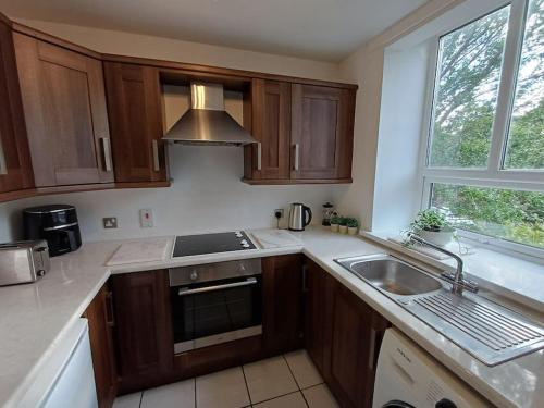 a kitchen with wooden cabinets and a sink and a window at Cental Retreat - 2 bedroom apartment in Belfast