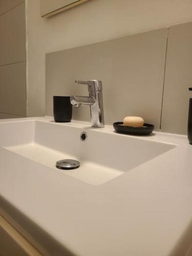 un lavabo de salle de bain avec un robinet et un miroir dans l'établissement Nord de Paris pantin f2 terrasse, à Pantin