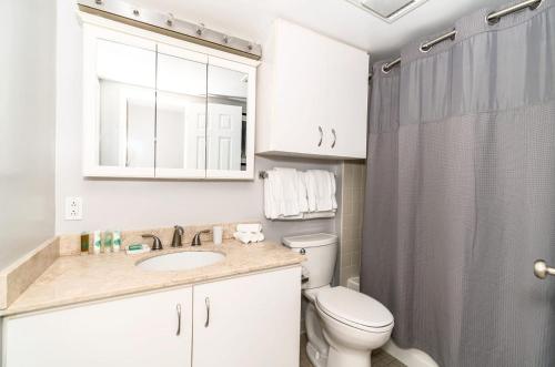 a bathroom with a toilet and a sink and a shower at Comfy Apt Downtown in Stamford