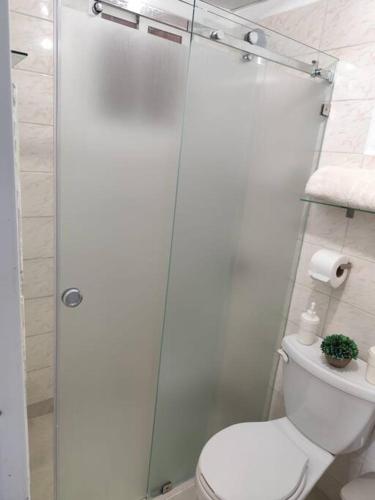 a bathroom with a toilet and a glass shower door at Your Tropical HouseRD in La Francia