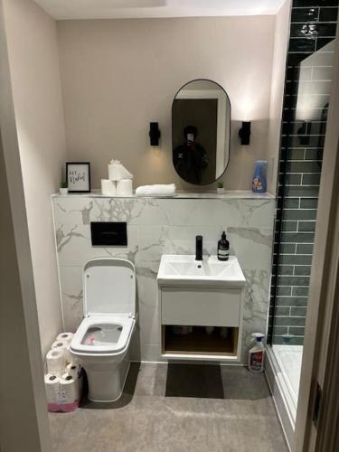a bathroom with a sink and a toilet and a mirror at Central Leeds - 2 Bed Ensuite in Leeds