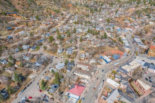 an aerial view of a town with a street at 1BR Quiet Neighborhood & Nearby Parks in Manitou Springs