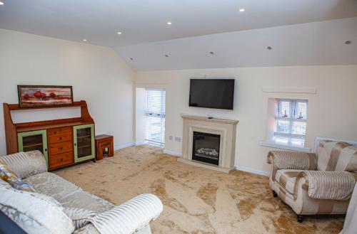 a living room with two couches and a fireplace at The Blackhorse Accommodation in Newton Stewart