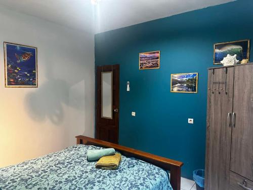 a bedroom with a bed and a blue wall at Pension Villa TEKO in Nuku Hiva