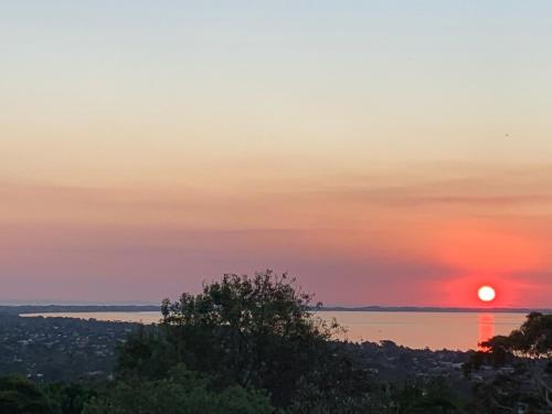 a sunset over the water with a tree in the foreground at Bayview Escape McCrae in McCrae