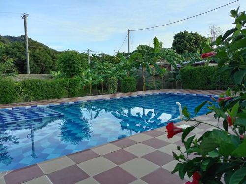 a swimming pool with a tile floor and blue water at Yalakú Lodge - Capurganá in Capurganá