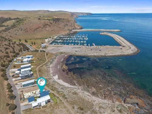 an aerial view of a marina with a marker at Shoreline Escape in Wirrina Cove