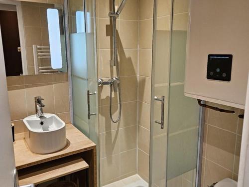 a bathroom with a shower and a sink at Studio confortable proche ESF - Balcon exposé ouest - FR-1-266-237 in Montgenèvre