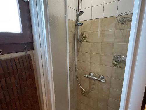 une douche avec une porte vitrée dans une salle de bain dans l'établissement Chaleureux duplex rénové avec terrasse au Raffort, Pralognan - FR-1-464-240, à Pralognan-la-Vanoise