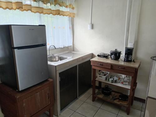 a small kitchen with a sink and a refrigerator at Apartamentos ecológicos in Jiménez