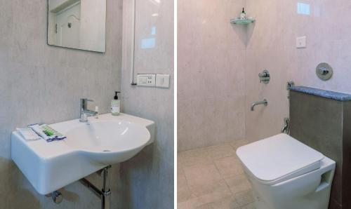 two pictures of a bathroom with a sink and a toilet at Treebo Ivory White Inn in Bengaluru